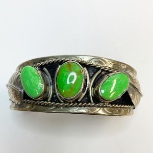 Vintage Sterling Silver Cuff Bracelet Green Stones